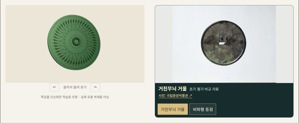 왼쪽에는 돌려 보는 청동 거울 3D 모형, 오른쪽에는 국립중앙박물관의 실제 거친무늬 거울 사진